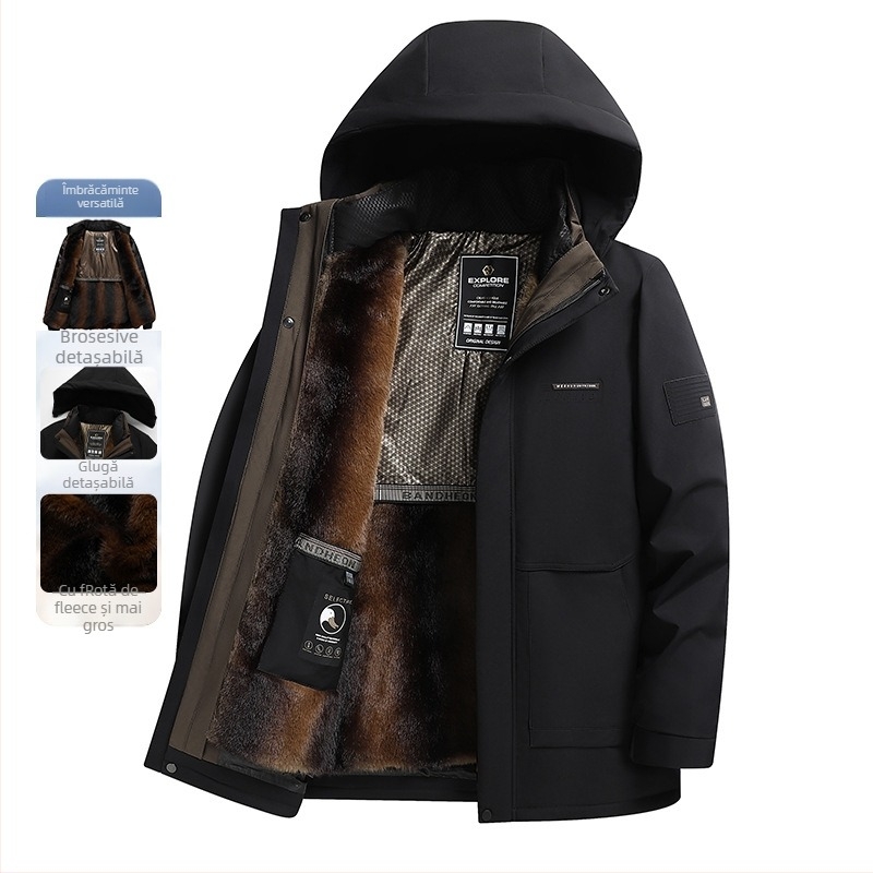 Geacă de puf pentru bărbați, căptușită cu fleece, groasă, cu căptușeală internă detașabilă, guler înalt