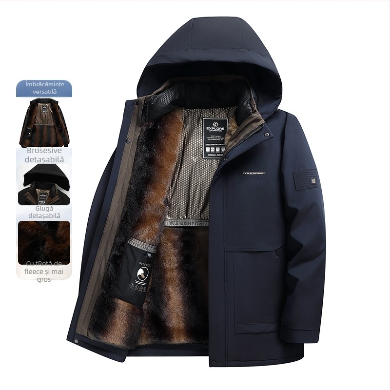 Geacă de puf pentru bărbați, căptușită cu fleece, groasă, cu căptușeală internă detașabilă, guler înalt