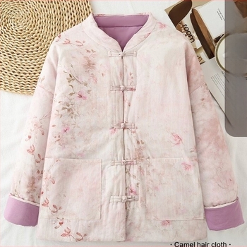 Palton din bumbac pentru femei, croială lejeră, stil etnic, retro literar, guler înalt, închidere cu nasturi pe un rând, umplut cu bumbac, pentru iarna 2025