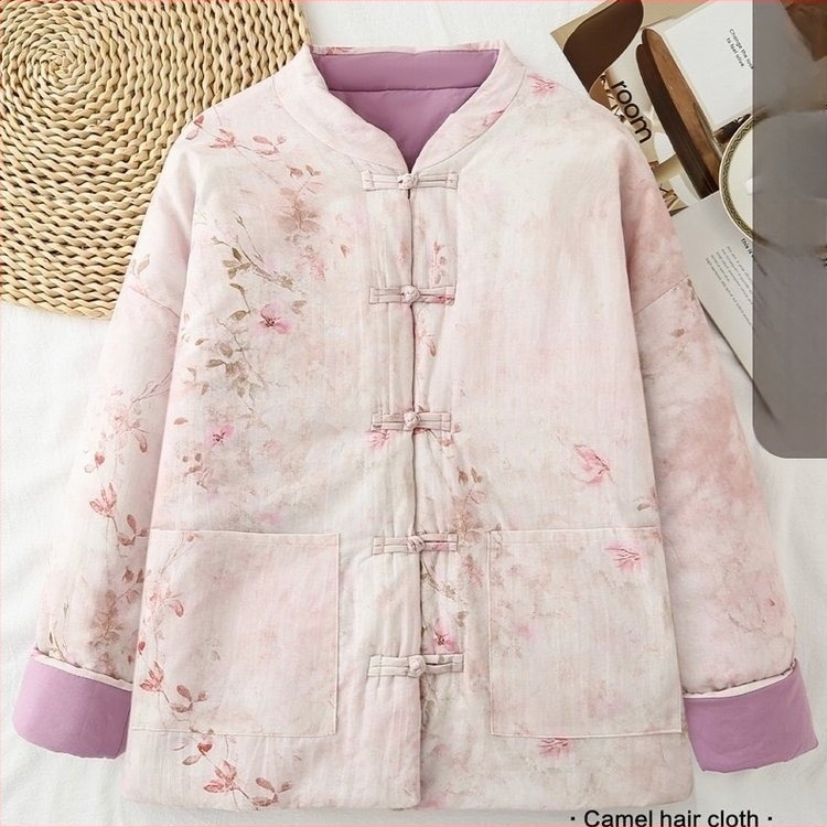 Palton din bumbac pentru femei, croială lejeră, stil etnic, retro literar, guler înalt, închidere cu nasturi pe un rând, umplut cu bumbac, pentru iarna 2025