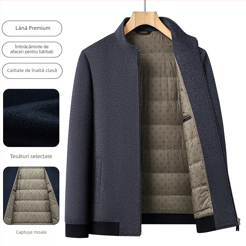 Jachetă din lână cu guler înălțat, căptușire poliester, închidere cu fermoar, grosime pentru iarnă