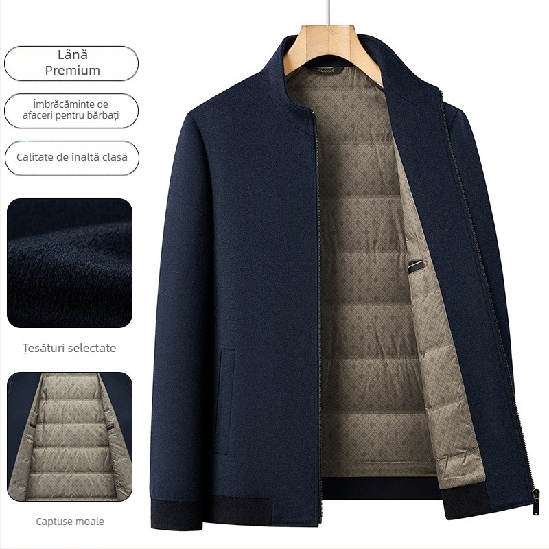 Jachetă din lână cu guler înălțat, căptușire poliester, închidere cu fermoar, grosime pentru iarnă