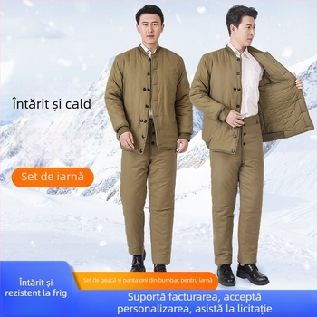 Palton din bumbac căptușit, gros, stil cardigan, guler înalt, buzunare laterale, căptușeală din bumbac