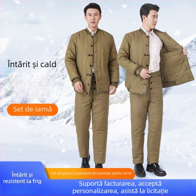 Palton din bumbac căptușit, gros, stil cardigan, guler înalt, buzunare laterale, căptușeală din bumbac