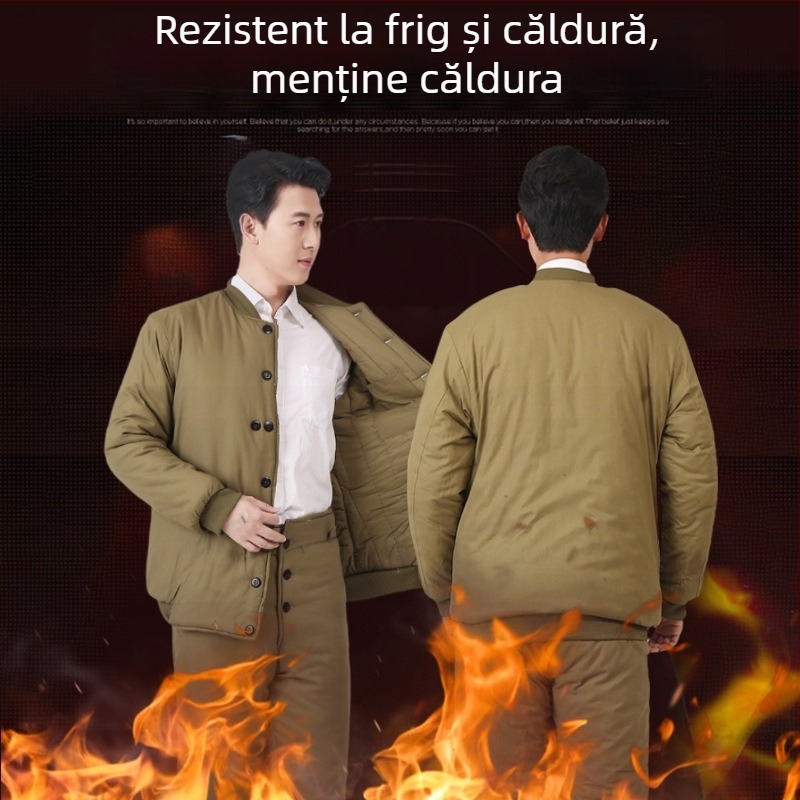 Palton din bumbac căptușit, gros, stil cardigan, guler înalt, buzunare laterale, căptușeală din bumbac