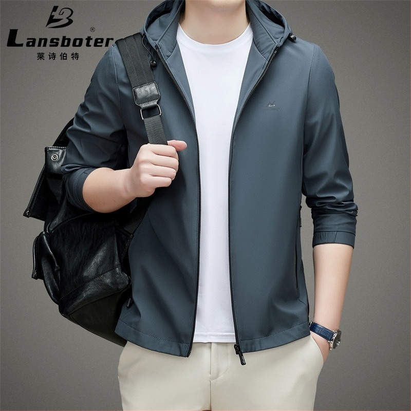 Jachetă de bărbați cu glugă, guler înalt, fermoar frontal, material ușor pentru primăvară și toamnă