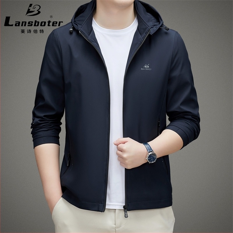 Jachetă de bărbați cu glugă, guler înalt, fermoar frontal, material ușor pentru primăvară și toamnă