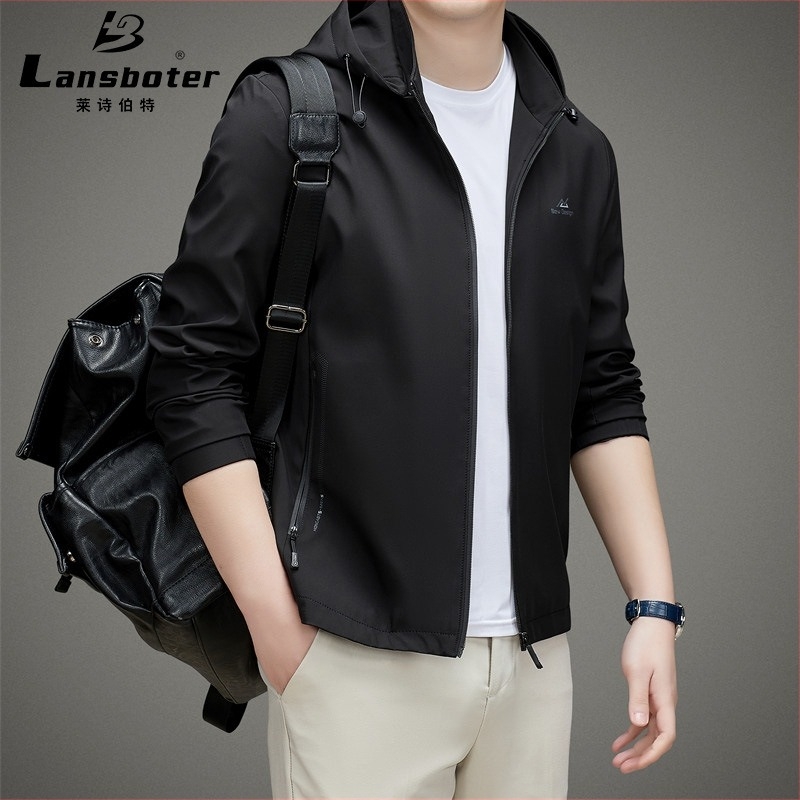 Jachetă de bărbați cu glugă, guler înalt, fermoar frontal, material ușor pentru primăvară și toamnă