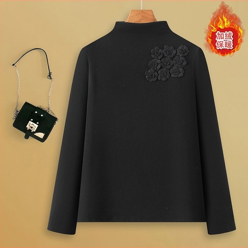 Top de bază pentru femei, cu fleece căptușit, guler semi-înalt – Iarna 2025, Poliester 80–90%, Stil elegant de navetă, Model imprimat, Lungime obișnuită 50–65 cm