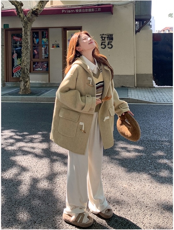 Palton reversibil din lână pentru femei, cu glugă, croială lejeră, material gros, conținut lână 70–80%