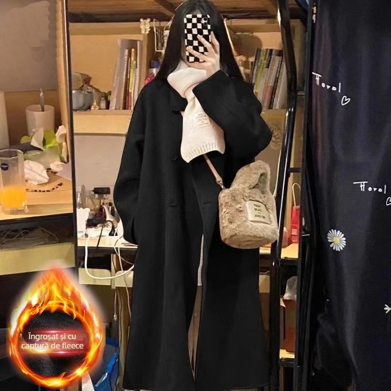 Palton damă din lână, uni, lungime medie, croială lejeră, mâneci lungi, rever