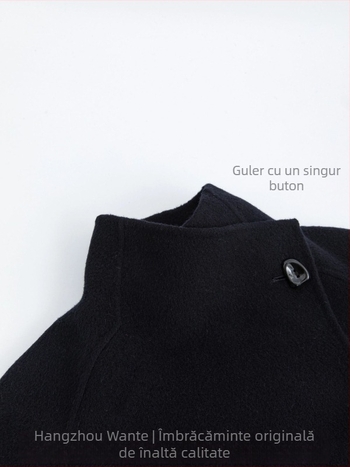 Palton din lână de oaie cu guler înalt, amestec lână de oaie-Lyocell, lungime medie, croială lejeră, mâneci lungi, deschidere în față cu șnur