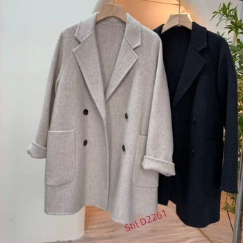 Jachetă pentru femei cu mâneci lungi, guler în stil costum, croială lejeră, nasturi dubli, lungime medie