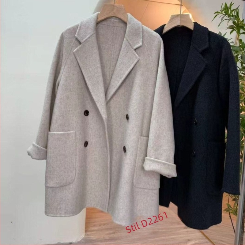 Jachetă pentru femei cu mâneci lungi, guler în stil costum, croială lejeră, nasturi dubli, lungime medie