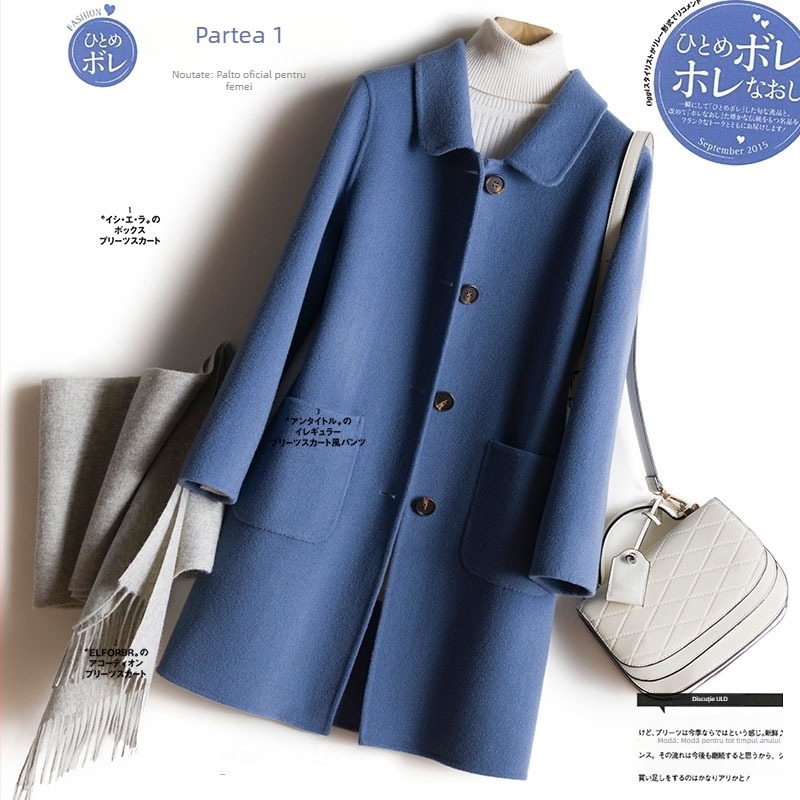 Palto din lână tweed pentru femei – nasture simplu, lungime medie 65–80 cm, guler sacou, model uni