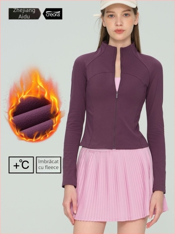 Jachetă de yoga căptușită cu fleece pentru femei, mâneci lungi, lungime pe șolduri, păstrează cald, 75% nailon 25% spandex