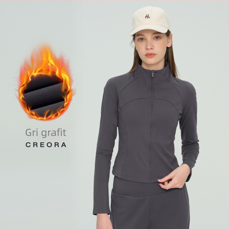 Jachetă de yoga căptușită cu fleece pentru femei, mâneci lungi, lungime pe șolduri, păstrează cald, 75% nailon 25% spandex