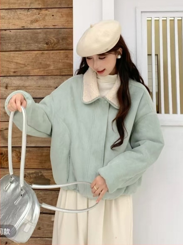 Jachetă din piele întoarsă, ultra-subțire, mâneci lungi, rever, fermoar, croială lejeră, iarnă 2025