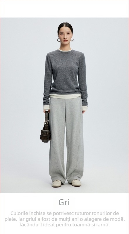 Pulover damă din amestec casmir-lână (casmir 30–50%, lână 50–70%), guler rotund, mâneci lungi, lungime 50–65 cm, tricotat