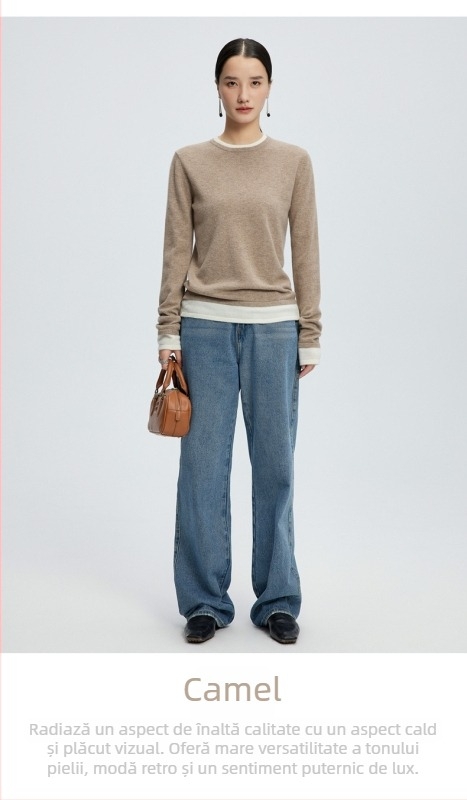 Pulover damă din amestec casmir-lână (casmir 30–50%, lână 50–70%), guler rotund, mâneci lungi, lungime 50–65 cm, tricotat