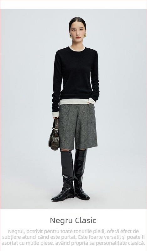 Pulover damă din amestec casmir-lână (casmir 30–50%, lână 50–70%), guler rotund, mâneci lungi, lungime 50–65 cm, tricotat