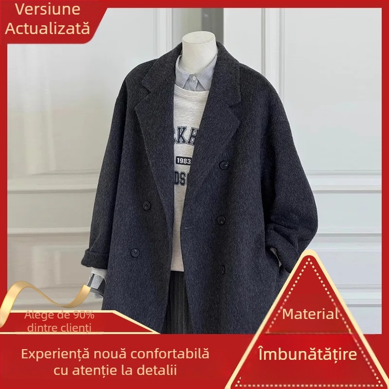 Palton damă din cașmir și lână, lungime scurtă, croială lejeră, nasturi dublu-rând, stil japonez-coreean casual