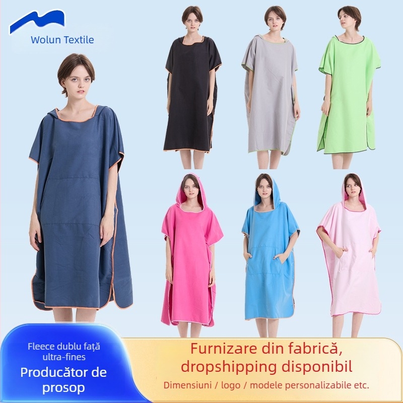 Halat de plajă din microfibră cu glugă, procesat și personalizat, absorbant, uscare rapidă, greutate țesătură 200–300 g/m²