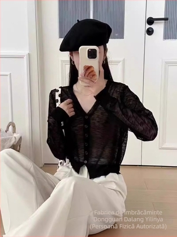 Jachetă cardigan tricotată de vară, cu decolteu în V, croială scurtă, stil dulce și versatil, top cu mâneci lungi pentru persoane de înălime mică