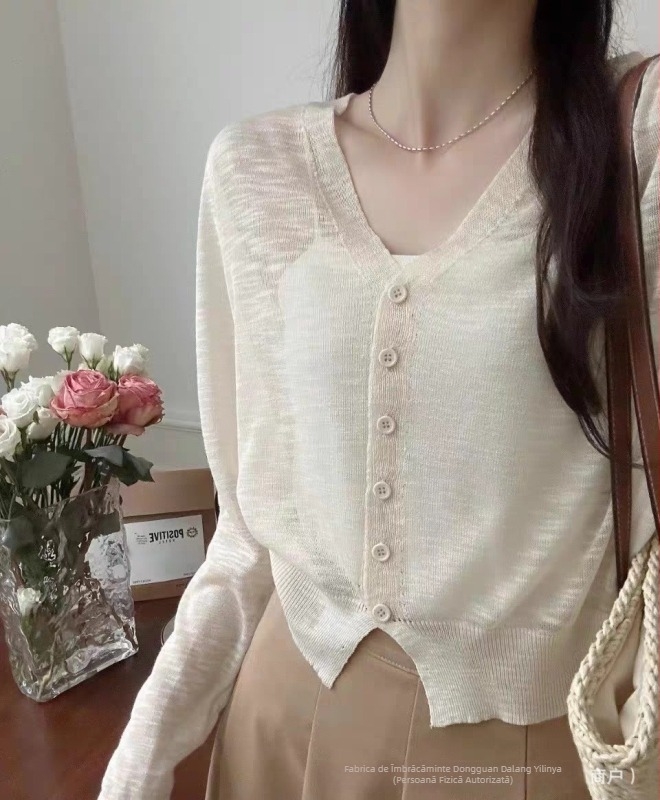 Jachetă cardigan tricotată de vară, cu decolteu în V, croială scurtă, stil dulce și versatil, top cu mâneci lungi pentru persoane de înălime mică