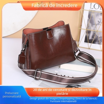Geantă crossbody din piele naturală pentru femei, piele cu luciu cerat uleios, capacitate mare, formă pătrată orizontală, închidere cu fermoar