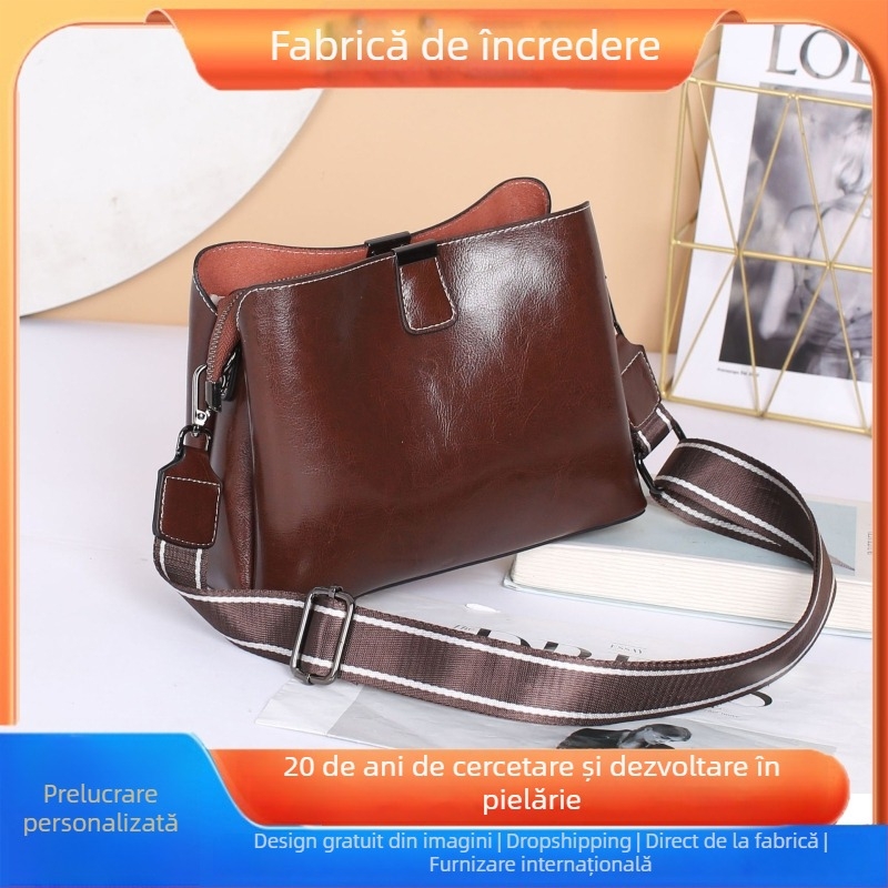 Geantă crossbody din piele naturală pentru femei, piele cu luciu cerat uleios, capacitate mare, formă pătrată orizontală, închidere cu fermoar