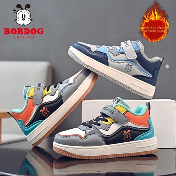 Pantofi sport pentru băieți din piele microfibră impermeabilă, închidere cu Velcro, talpă groasă, căptușite calde, model dungat