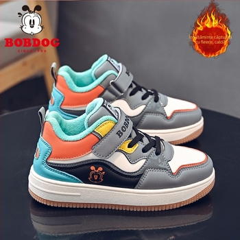 Pantofi sport pentru băieți din piele microfibră impermeabilă, închidere cu Velcro, talpă groasă, căptușite calde, model dungat