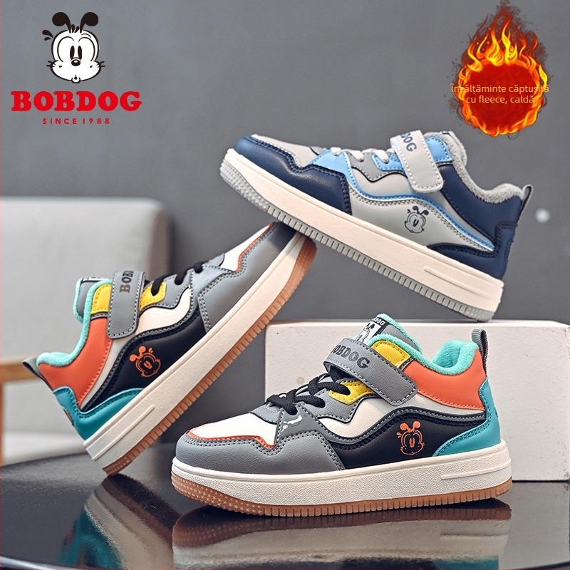 Pantofi sport pentru băieți din piele microfibră impermeabilă, închidere cu Velcro, talpă groasă, căptușite calde, model dungat