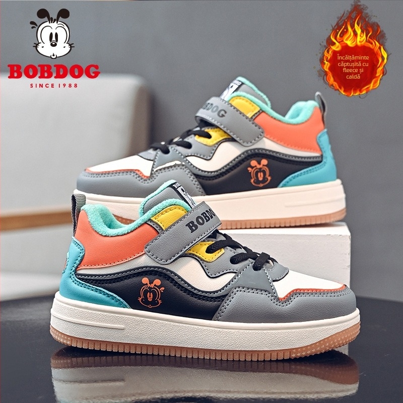 Pantofi sport pentru băieți din piele microfibră impermeabilă, închidere cu Velcro, talpă groasă, căptușite calde, model dungat