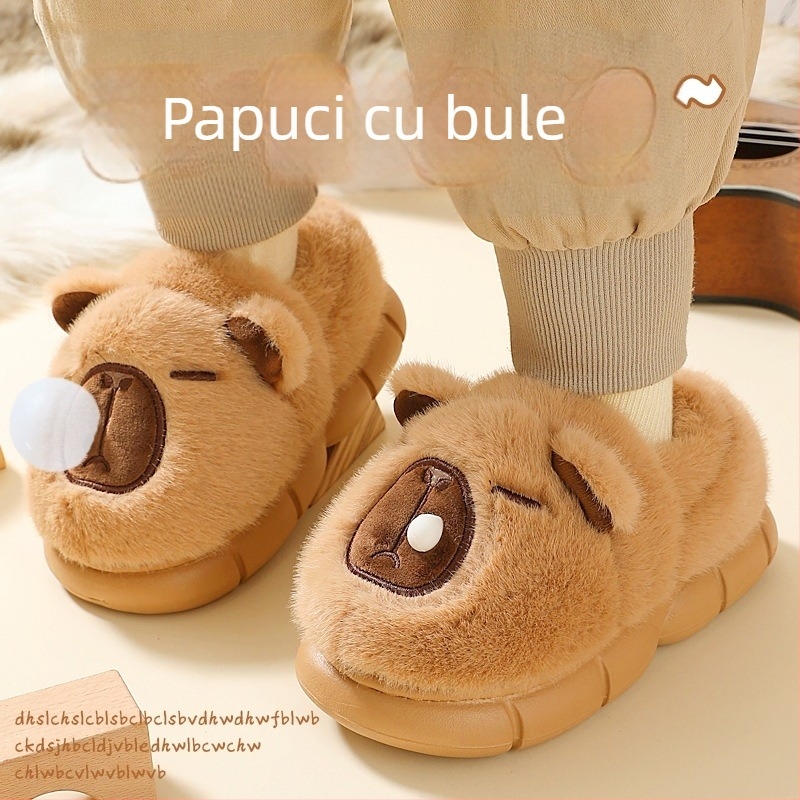 Capibara papuci pluș din bumbac pentru copii – anti-derapant, calzi, cu talpă moale pentru interior (toamnă–iarnă)