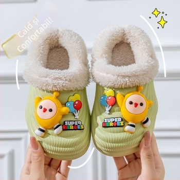Papuci de casă din bumbac pentru copii, cu căptușeală lavabilă detașabilă, impermeabili și antiderapante, talpă EVA, model cu desene animate, pentru 1–3 ani, Iarnă 2024