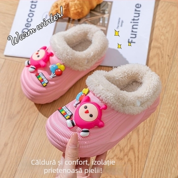 Papuci de casă din bumbac pentru copii, cu căptușeală lavabilă detașabilă, impermeabili și antiderapante, talpă EVA, model cu desene animate, pentru 1–3 ani, Iarnă 2024