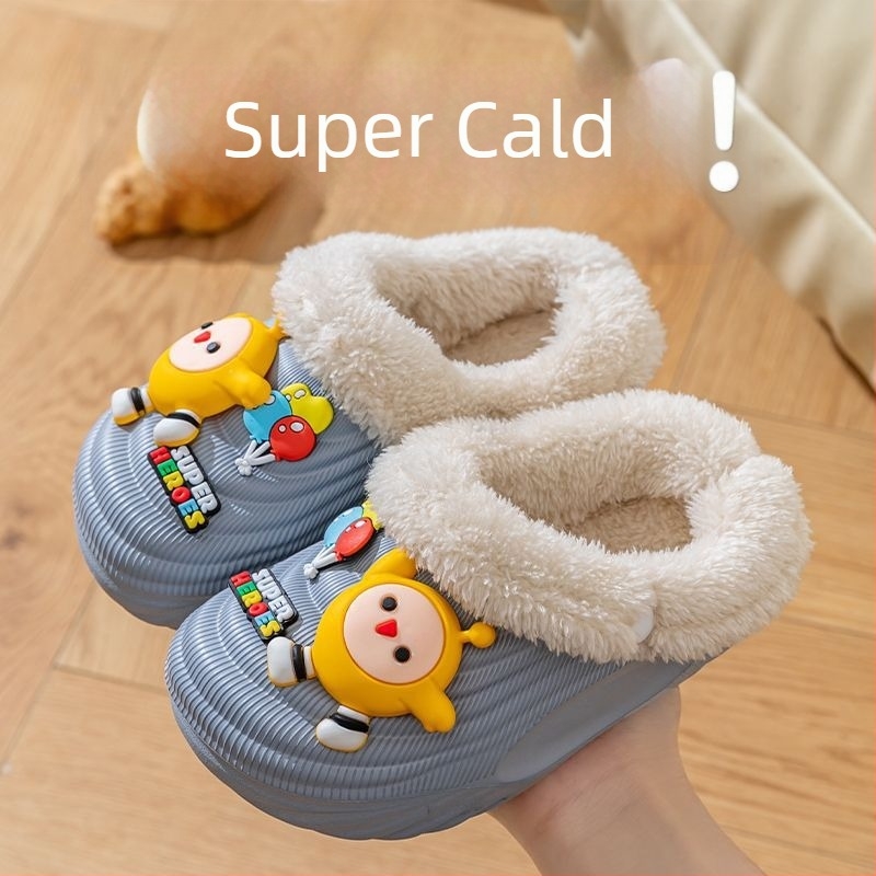 Papuci de casă din bumbac pentru copii, cu căptușeală lavabilă detașabilă, impermeabili și antiderapante, talpă EVA, model cu desene animate, pentru 1–3 ani, Iarnă 2024