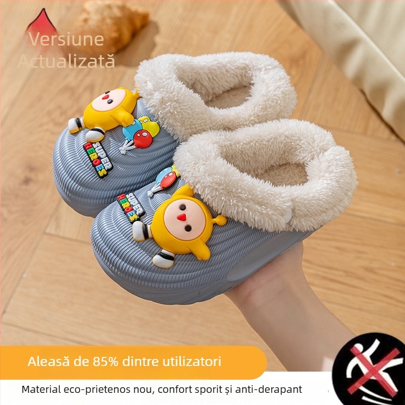 Papuci de casă din bumbac pentru copii, cu căptușeală lavabilă detașabilă, impermeabili și antiderapante, talpă EVA, model cu desene animate, pentru 1–3 ani, Iarnă 2024