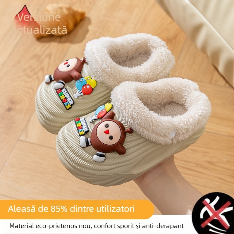 Papuci de casă din bumbac pentru copii, cu căptușeală lavabilă detașabilă, impermeabili și antiderapante, talpă EVA, model cu desene animate, pentru 1–3 ani, Iarnă 2024