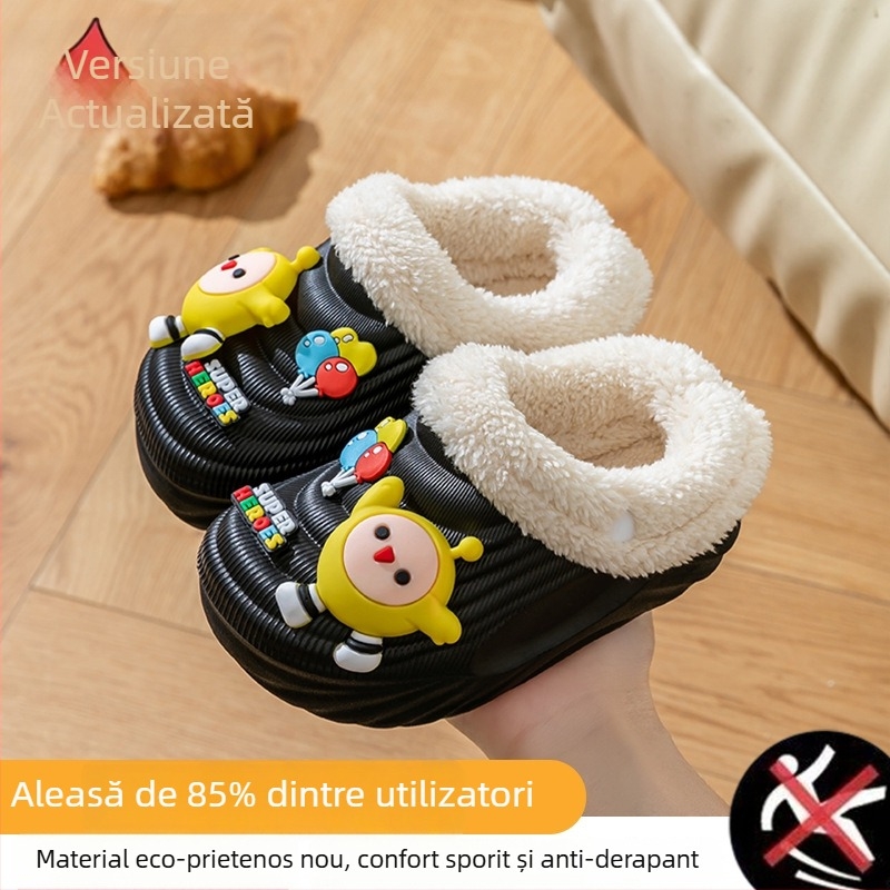 Papuci de casă din bumbac pentru copii, cu căptușeală lavabilă detașabilă, impermeabili și antiderapante, talpă EVA, model cu desene animate, pentru 1–3 ani, Iarnă 2024