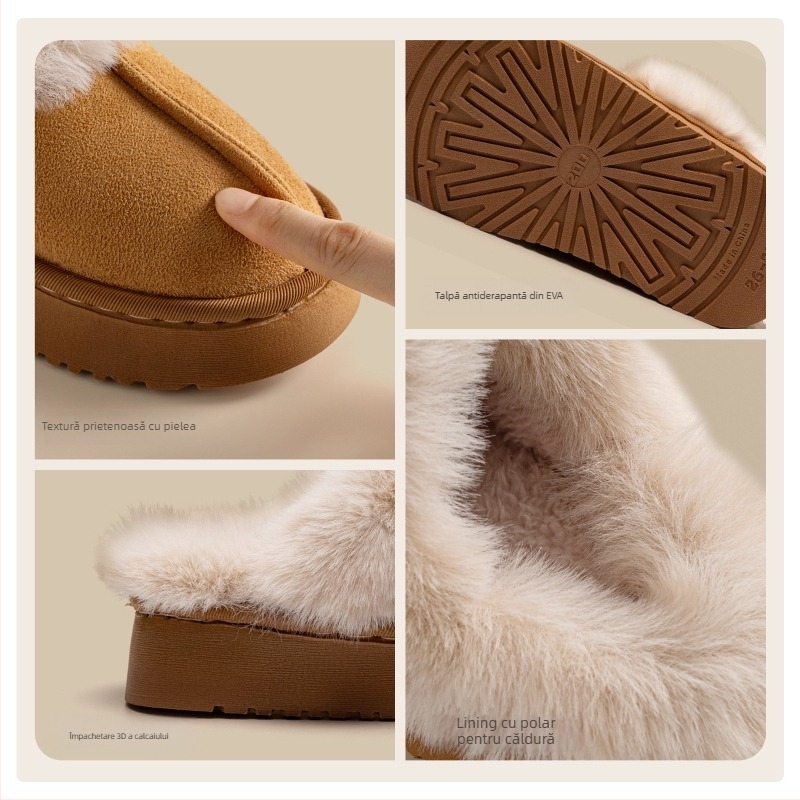 Șlapi de bumbac pentru copii, toamnă–iarna 2025, margine cu blană, confortabile și groase pentru casă, pentru copii 7–16 ani, unisex