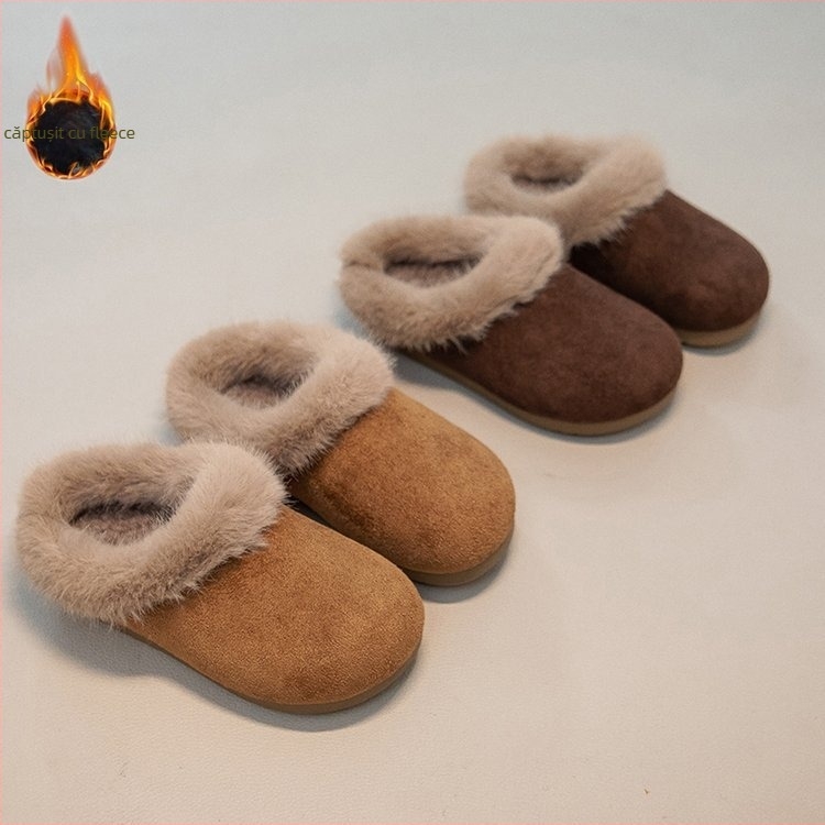 Papuci de casă pentru copii, căptușiți cu blăniță, exterior din piele sintetică, talpă din cauciuc, pentru iarnă