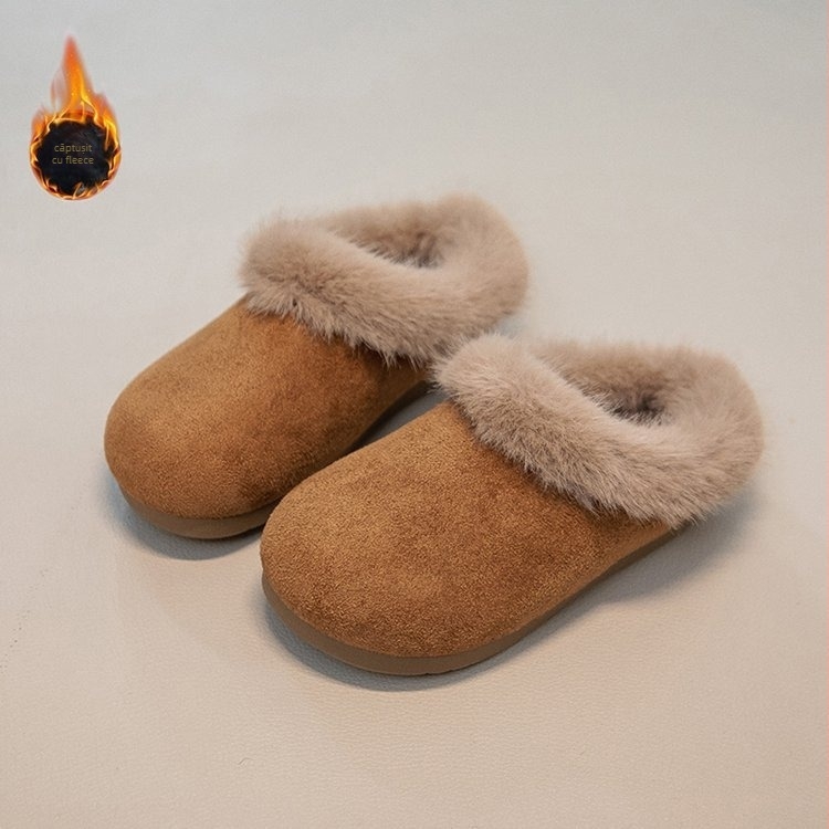 Papuci de casă pentru copii, căptușiți cu blăniță, exterior din piele sintetică, talpă din cauciuc, pentru iarnă