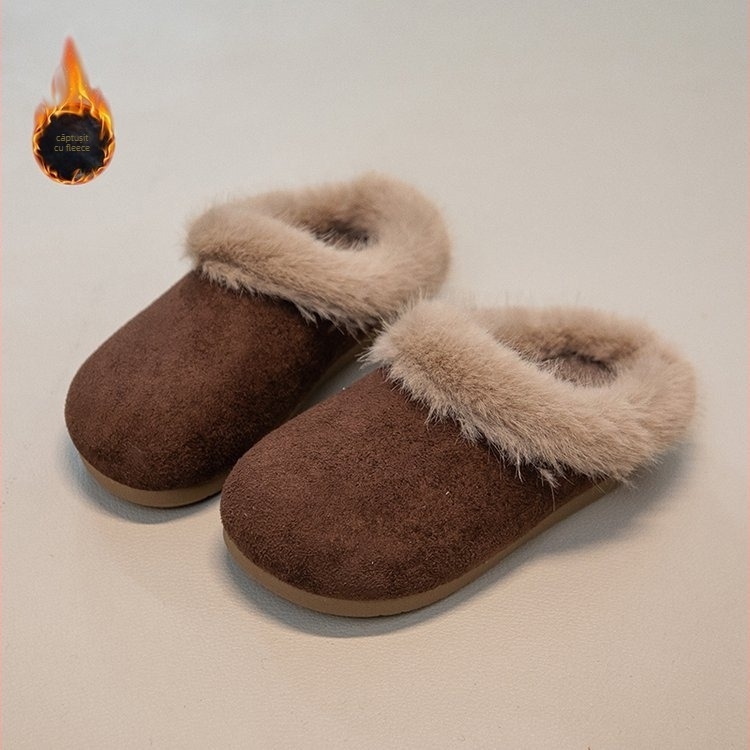 Papuci de casă pentru copii, căptușiți cu blăniță, exterior din piele sintetică, talpă din cauciuc, pentru iarnă