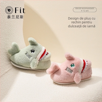 Papuci de interior pentru copii pentru iarnă, model rechin, partea superioară din velur, talpă TPR, căptușeală groasă, pentru copii 7–12 ani