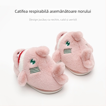 Papuci de interior pentru copii pentru iarnă, model rechin, partea superioară din velur, talpă TPR, căptușeală groasă, pentru copii 7–12 ani