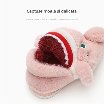 Papuci de interior pentru copii pentru iarnă, model rechin, partea superioară din velur, talpă TPR, căptușeală groasă, pentru copii 7–12 ani