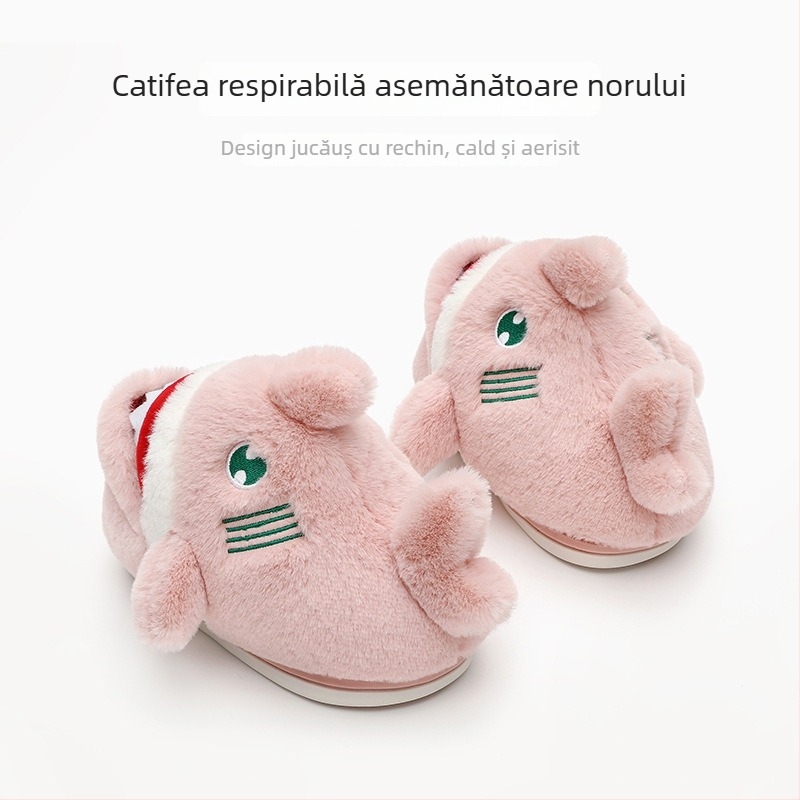 Papuci de interior pentru copii pentru iarnă, model rechin, partea superioară din velur, talpă TPR, căptușeală groasă, pentru copii 7–12 ani